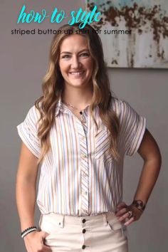 3 ways to wear this trending striped button up shirt for summer! This striped style is guaranteed to be one of your favorite summer outfits! Casual Striped Tops With Buttons, Casual Vertical Stripe Top For Work, Striped Button Top For Beach, Beach Striped Top With Buttons, Casual Vertical Stripes Button-up Blouse, White Vertical Stripe Button-up Top, Casual White Blouse With Vertical Stripes, Casual Vertical Stripes Blouse For Day Out, White Button-up Top With Vertical Stripes