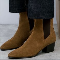 Suede Ankle Boots With A A Small Heel. Brown Chelsea Boots For Spring Workwear, Chic Brown Chelsea Boots For Winter, Chic Brown Chelsea Boots For Fall, Elegant Chelsea Boots With Round Toe For Spring, Elegant Spring Chelsea Boots With Round Toe, Elegant Chelsea Boots For Spring, Brown Chelsea Boots With Pointed Toe And Stacked Heel, Brown Pointed Toe Chelsea Boots With Stacked Heel, Suede Chelsea Ankle Boots For Spring