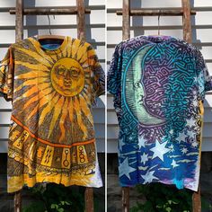 Vintage 1992 Liquid Blue Sun and Moon all over print tee in overall great condition (no major holes and spots to note). Tag is missing, fits like a modern XL 100% cotton Made in USA  Pit to pit 23.5" Length 30" PLEASE READ! *MEASUREMENTS* All items are measured while laying flat and unstretched. For clothing: chest, waist, hip and thigh measurements should be multiplied by two. All measurements are in inches. *VINTAGE CONDITION* Vintage goods may show signs of wear and age. We always indicate and/or show in pictures any major flaws or blemishes, but will not always mention small flaws, such as pinpoint sized spots or holes. If you are concerned about a particular item's condition, please message us. All of our pieces are pre-owned. We use a natural detergent to wash all our textiles when n Bohemian Cotton T-shirt For Streetwear, Short Sleeve T-shirt With Sublimation Print For Festival, Bohemian Short Sleeve T-shirt For Streetwear, Hippie Festival Crew Neck T-shirt, Hippie Crew Neck T-shirt For Festival, Hippie Style Festival Crew Neck T-shirt, Hippie Style Crew Neck T-shirt For Festivals, Bohemian Blue T-shirt With Graphic Print, Bohemian Blue Graphic Print T-shirt