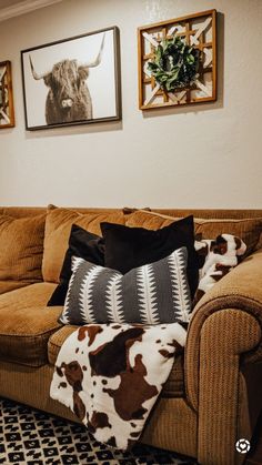 a living room with two pictures on the wall and a cow print throw pillow sitting on the couch