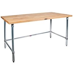 a wooden table with metal legs on a white background