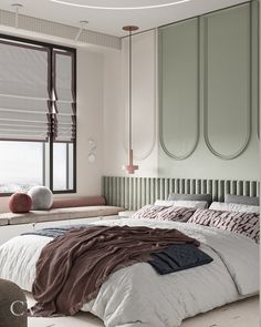 a large bed sitting under a window next to a window sill in a bedroom