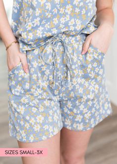 Blue floral shorts with pockets Summer Sleepwear With Drawstring And Relaxed Fit, Relaxed Fit Bottoms With Gathered Waist For Loungewear, Casual Spring Sleepwear With Drawstring, Casual Drawstring Sleepwear For Spring, Spring Vacation Pajama Shorts With Drawstring, Summer Lounging Bottoms With Elastic Waistband, Summer Loungewear Bottoms With Tie Waist, Spring Loungewear Shorts With Elastic Waistband, Spring Cotton Pajama Shorts With Drawstring