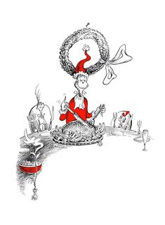 a drawing of a cat in the hat sitting at a table with other cats around it