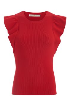 The Rory top, which comes in a bright solid red (and lapis blue) this spring and summer, serves up classic Americana vibes. The ribbed top with ruffled sleeves is designed to be tucked in, and she pairs particularly well with any of our high or mid-rise bottoms. -Ribbed bodice and ruffle sleeve -82% viscose, 18% polyester -Unlined -True to size -Care instructions: dry clean or hand wash with gentle detergent, lay flat to dry Fitted Sleeveless Ruffle Knit Top, Chic Red Stretch Knit Top, Fitted Sleeveless Knit Top With Ruffles, Fitted Red Knit Top For Spring, Elegant Ribbed Party Tops, Fitted Solid Tops With Ruffles, Fitted Solid Color Tops With Ruffles, Red Ruffled Stretch Tops, Red Stretch Ruffle Tops