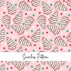 seamless pattern with christmas trees and stars on pink background, for fabric or wallpaper