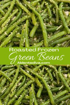 roasted frozen green beans with seasoning on top and in the background, there is a large pile of them