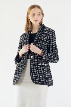 . Color: Black blended with White. Length: 28 inches. Care: Dry Clean. Composition: Tweed fabric with 60% Wool, 40% Polyester. Sizing: • Fits true to size • Designed for a regular fit • Mid-weight, non-stretchy fabric • Model is 6 ft. / 182.88 cm and wears a size Small (2) Checkered Blazer, Checkered Jacket, Tweed Pattern, Black And White Tweed, White Tweed, Tweed Fabric, Tweed Blazer, Professional Outfits, Sweater Set