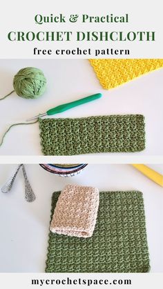 crochet dishcloth pattern with yarn and knitting needles on the table next to it