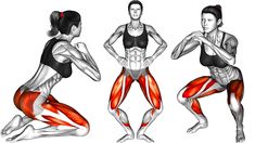 three different views of a woman's body with muscles highlighted in red and white