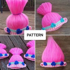 three pictures of pink hair with blue flowers on it, and the same hat made out of yarn