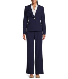 Nipon Boutique Notch Lapel Blazer Wide Leg 2-Piece Pant Set | Dillard's Tailored Formal Blazer With Ruffles, Chic Career Pantsuit With Lapel Collar, Fitted Ruffled Workwear Pants, Ruffled Blazer For Formal Occasions, Fitted Ruffled Pants For Workwear, Fall Workwear Pants With Ruffles, Lapel Blazer, Weekend Wear, Pant Set