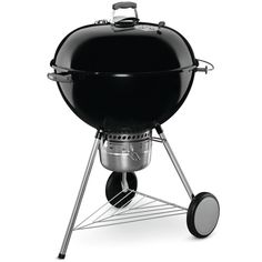 a black barbecue grill with wheels on it's side and the lid closed up