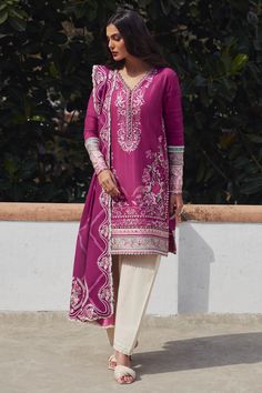 ELAN Embroidered Luxury Lawn Unstitched 3Pc Suit AIRA (EL24-10 A) | Latest Pakistani Salwar Kameez Punjabi suit designer wear Elan Lawn, Pakistani Style, Cerise Pink, Eid Dresses, Pink Canvas, Flora Fauna, Silk Trousers, Lawn Suits, Luxurious Design