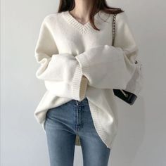 #ad Premium Quality Retro Japanese Women Loose V-neck Pullover Sweater Long Solid Color Knit Sweater, Fashion Women's Sweaters White Sweater Women, Loose Knitwear, Casual Elegant Style, Solid Color Sweater, White Knit Sweater, Women Sweaters Winter, Loose Knit Sweaters, Loose Pullover, Solid Clothes