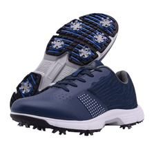 a pair of men's golf shoes with blue and white accents