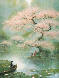 a painting of two people in a boat under a tree with pink flowers on it