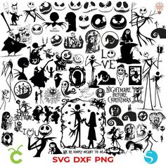 the silhouettes of various halloween characters are shown in this graphic art work, which includes black and white images