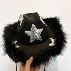 MADE TO ORDER - STARSTRUCK Black cowboy hat with silver stars and black fur trim (also available with gold stars) Perfect for space cowboy or festival  Please note they are handmade by me so there maybe slight flaws If you would like a custom hat in another design or colour please message me and I can see what I can make :) Space Cowgirl Costume, Black Cowboy Hat, Black Cowgirl, Space Cowgirl, Chapeau Cowboy, Cowgirl Costume, Cowgirl Party, Cowgirl Hat, Halloween Fancy Dress