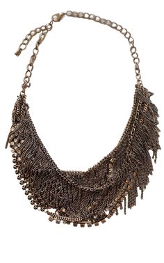 Add this unique fringe necklace to a special day and night out for dynamic style with relaxed glamor. Make a unique statement this season in a one-of-a-kind design, finished with abstract tiered chains and a metal mesh panel.Use the adjustable length to highlight anything from round to deep-V necklines.Adjustable lobster-clasp fastening.Material: Iron alloy, glassMeasures approximately 21" total length. 2" chain extension.One size.Color: gold antique Chevron Outfit, Chevron Jewelry, Rhinestone Fringe, Gucci Shop, Fringe Necklace, Luxury Women Fashion, Necklace Online, Metal Mesh, Mesh Panel