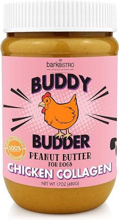 a jar of buddy peanut butter with chicken collagen on the front and side