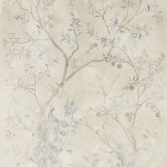 an artistic wallpaper design with birds and flowers on the branches, in neutral tones