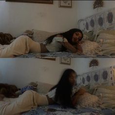 two pictures of a woman laying on a bed with her hair blowing in the wind