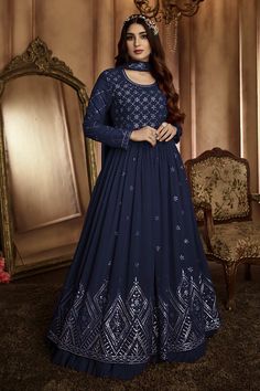 Buy Blue Colored  Embroidered Georgette Anarkali suit Set Online - KARMAPLACE Georgette Anarkali Suits, Indian Anarkali, Georgette Anarkali, Designer Salwar Kameez, Resham Work, Indian Saree Blouse, Long Dress Design, Designer Salwar, Anarkali Gown