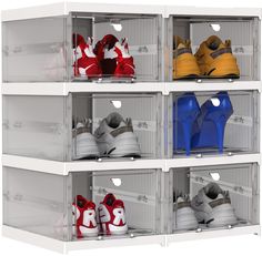 six pairs of shoes are stacked on top of each other in bins for storage