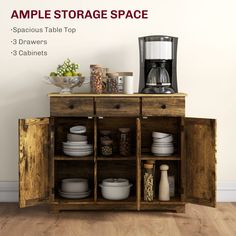 an old wooden cabinet with plates and cups on it, next to a coffee maker