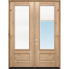 a wooden door with two sidelights and blinds on the top half, in front of a white background