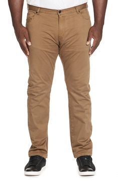 Five-pocket construction keeps the look casual and relaxed in stretch-cotton pants crafted with a crisp finish and a fit tailored for bigger and taller guys. Zip fly with button closure   Five-pocket style   98% cotton, 2% elastane   Machine wash, line dry   Imported Straight Fit Solid Bottoms With Pockets, Solid Straight Fit Bottoms With Pockets, Cotton Chinos With 5-inch Inseam And Pockets, Solid Bottoms With Pockets And Straight Fit, Straight Cotton Work Pants With Pockets, Big And Tall Cotton Bottoms With Side Pockets, Chinos With Pockets And 5-inch Inseam, Business Casual Chino Cotton Twill Cargo Pants With Pockets, Big And Tall Straight Leg Pants For Business Casual