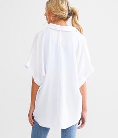 Hyfve One & Only Oversized Dolman Henley - White Large, Women's Offwhite Solid woven henley Cuffed sleeves Bust measures 50 on size small Body length 29 on size small. Layering piece(s) and/or accessories sold separately.. 80% Rayon 20% Polyester. Hand wash cold water. Do not bleach. Line dry. Iron low. Do not dry clean.. Measurements: Bust -Fullest part of bust with arms at sides. Waist -Circumference of natural waist: above belly button below rib cage. Hips -Standing with feet together fullest White Shirttail Hem Top For Day Out, White Short Sleeve Blouse For Fall, Versatile White Blouse With Shirttail Hem, Oversized Collared Blouse For Day Out, White Blouse With Shirttail Hem For Daywear, Versatile White Button-up Blouse, Effortless White Button-up Blouse, White Effortless Collared Top, White Oversized Tops For Day Out