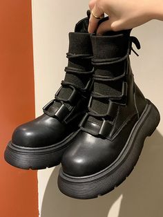 Lace-up Round-toe Solid Color Split-joint Boots Dr. Martens Boots Platform Shoes Skirt Set Two Piece, Shoes Dr Martens, Black Platform Shoes, Martens Boots, Boots Platform, Solid Color Pants, Dr Martens Boots, Biblical Art, Lace Boots