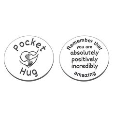 two badges with the words pocket hug and an image of a light bulb on them