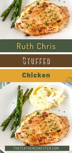 two plates with chicken, mashed potatoes and asparagus on them are shown