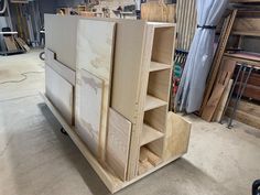 the unfinished cabinets are ready to be put into place in the shop or repair area