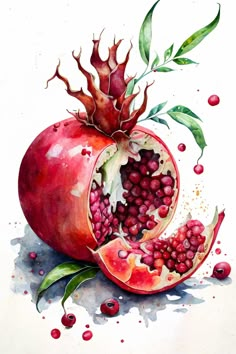 a painting of a pomegranate cut in half