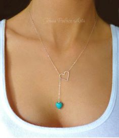 "Turquoise Heart Clasp-less Lariat Necklace Dainty and sweet ~ the small turquoise heart and larger open heart loop are a match made in heaven. The perfect gift for your sweetie! *See important measuring instructions below - A gorgeous and bright turquoise magnesite heart shaped stone measures 10mm - Chain is a shimmery and light 14k gold fill, rose gold fill or 925 sterling chain - Heart pendant is either sterling silver, rose gold fill or 14k gold fill and measures 15mm - Total length of neckl Turquoise Heart Necklace, Purple Pendant Necklace, Jewelry Kit, December Birthstone Jewelry, Turquoise Heart, Necklace Turquoise, Cz Stud Earrings, Gift For Girlfriend, December Birthstone