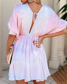 Lasaky - Chic Tie-Dye A-line Dress with Deep V-neck and Batwing Sleeves for a Fashionable & Relaxed Look Bat Sleeves Dress, Boho Sundress, Tie Dye Mini Dress, Dress Weights, Deep V Neck Dress, Bat Sleeve, Childrens Dress, Flare Mini Dress, Sleeves Clothing