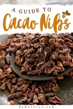 chocolate nibs are piled on top of each other in a bowl with the words, guide to cacao nibs