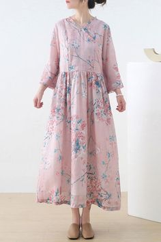 #pinkdress #ramie #tieddress #floraldress Modest Beach Dress For Spring, Modest Pink Summer Dress, Modest Spring Beach Dress, Modest Pink Dress For Daywear, Modest V-neck Spring Dresses, Pink Modest V-neck Dress, Modest V-neck Pink Dress, Pink Flowy Midi-length Floral Dress, Mori Floral Dress