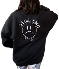 Alternative Crew Neck Fall Sweater, Grunge Hoodie Sweatshirt With Letter Print, Casual Distressed Sweater For Streetwear, Oversized Emo Streetwear Tops, Black Long Sleeve Emo Sweatshirt, Grunge Hoodie With Letter Print, Black Emo Streetwear Sweater, Grunge Letter Print Hoodie, Grunge Hoodie Top With Letter Print