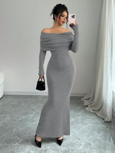 1pc Off Shoulder Fitted Fish Tail Hem Maxi Sweater Dress Grey Elegant  Long Sleeve Knitwear Plain  Medium Stretch  Women Clothing, size features are:Bust: ,Length: ,Sleeve Length: Grey Off The Shoulder Dress, Tight Long Dress Casual, Off The Shoulder Knit Dress, Styling Sweater Dress, Tight Long Dress, Knitted Dress Outfit, Gray Maxi Dress, Maxi Sweater Dress, Maxi Sweater