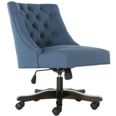 a blue office chair with wheels and casteors on an upholstered backrest