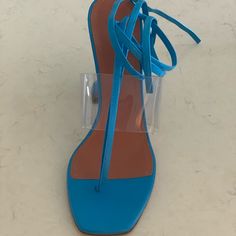 New Never Worn Blue Leather With Straps 39.5eu | 9.5us Light Blue Sandals With Ankle Strap And Heel Strap, Light Blue Sandals With Heel And Ankle Strap, Blue Sandals With Heel Loop And Single Toe Strap, Light Blue Ankle Strap Sandals For Evening, Blue Sandals With Heel And Single Toe Strap, Light Blue High Heel Sandals With Wrapped Heel, Light Blue Open Toe Sandals With Wrapped Heel, Luxury Lace-up Sandals With Single Toe Strap For Summer, Blue Round Toe Lace-up Sandals