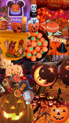 a collage of pumpkins, jack - o'- lanterns and candy