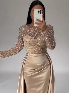 Champagne Satin Dress, Fall Wedding Reception, Cocktail Dress Elegant, Satin Dresses Long Sleeve, Sequin Evening Gowns, Evening Dresses Online, Satin Dress Long, Fall Wedding Guest Dress, Dresses Formal Elegant