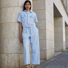 Rag & Bone Surplus Chambray Jumpsuit In Light Tone Linen Size: Small S Belted Chambray Jumpsuit Spread Collar Short Sleeves 66% Cotton, 34% Linen Summer Denim Jumpsuit For Work, Light Blue Loungewear Jumpsuits And Rompers, Light Blue Jumpsuits And Rompers For Spring Workwear, Denim Short Romper, Chambray Jumpsuit, Chambray Romper, Bone Pants, Fitted Romper, Silk Jumpsuit