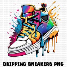 Sports Stickers Printable, Multicolor Paint Splatter Sneakers For Sports, Sporty Multicolor Sublimation Design For Streetwear, Sneakers Cartoon, Sneakers Png, Shoes Drawing, Sweat Shirts, Illustrations And Posters, Sublimation Png